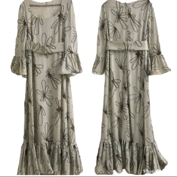 Lilli Diamond Vintage 70s Lurex Floral Print Bell Sleeve Maxi Dress L - Picture 2 of 11